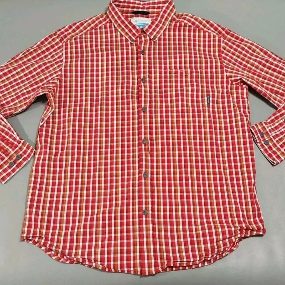 "Colombia" Size "XL" Stretch Plaid Classic Long Sleeve Shirt - Red/White/Orange